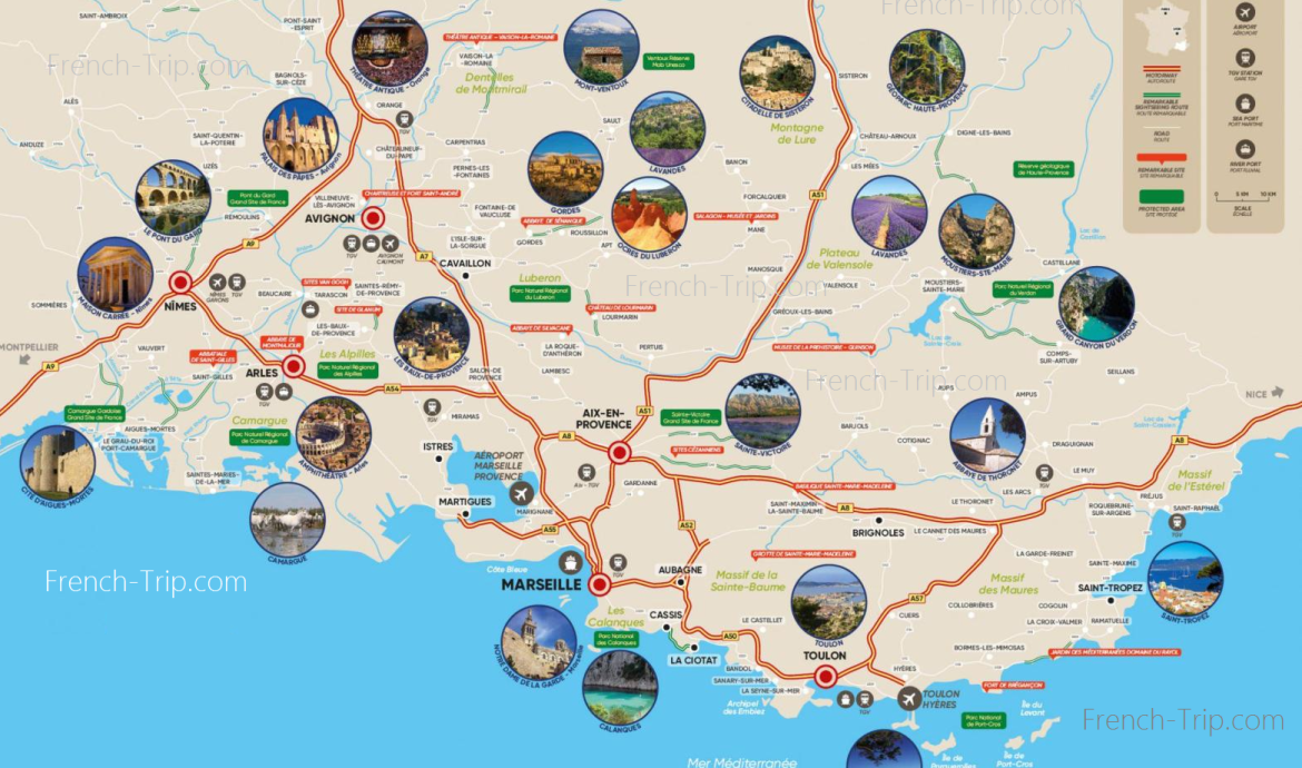 Provence main sights map - thematic route in Provence