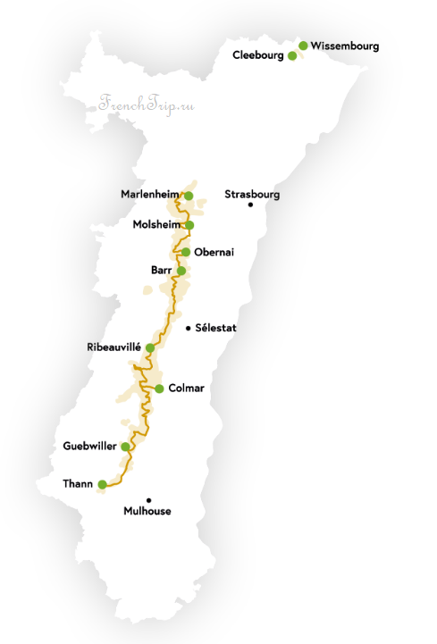 Map of the Alsace wine route from Marlenheim to Thann
