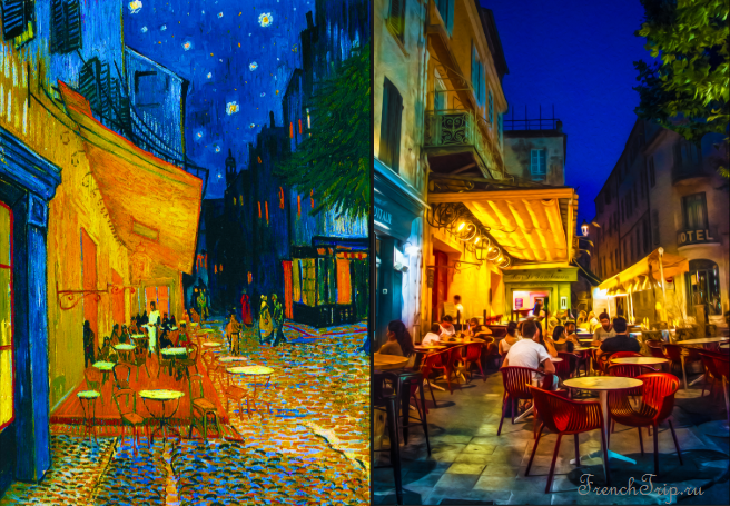 Van Gogh's Cafe Terrace at Night beside the same cafe in Arles today