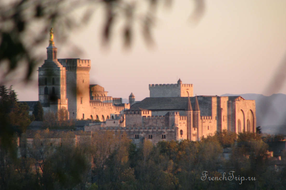Avignon seen from Villeneuve-lès-Avignon at dusk, the Palais des Papes above the walls