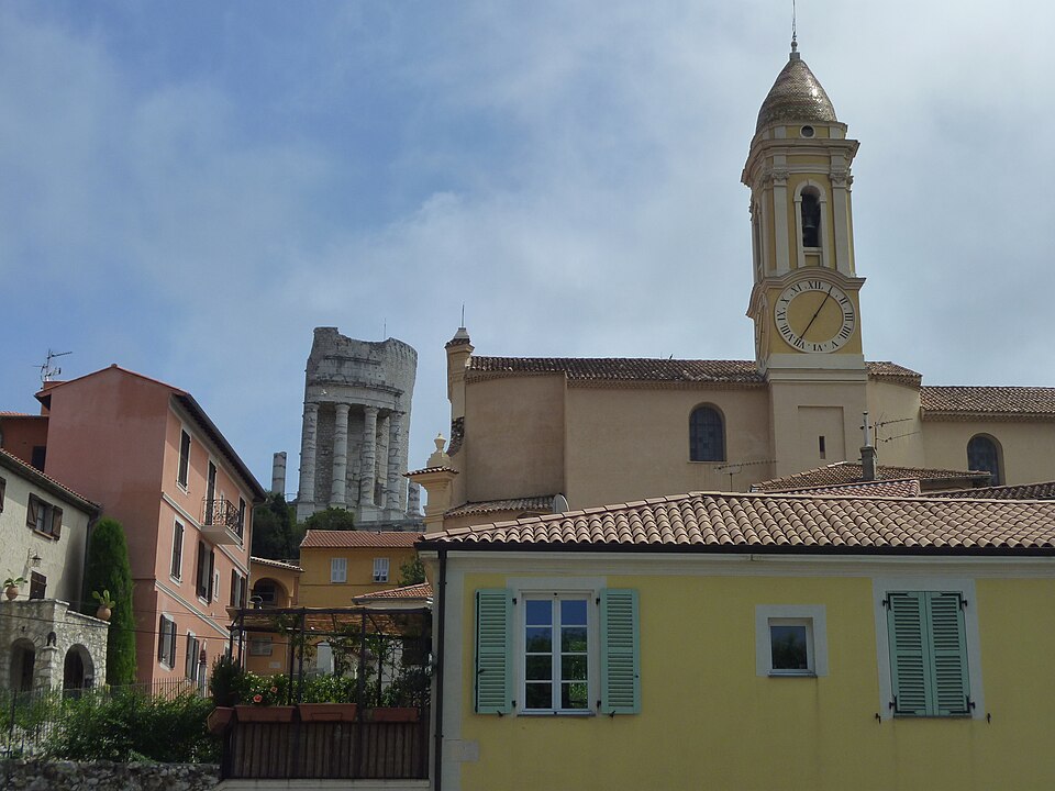 The church of Saint-Michel at La Turbie with the Trophy behind