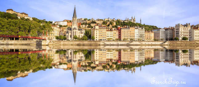 Vieux Lyon and Fourviere hill reflected in the Saone