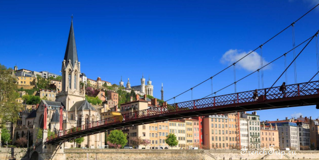Vieux Lyon seen across the Saone, with the Saint-Georges footbridge and Fourviere hill behind