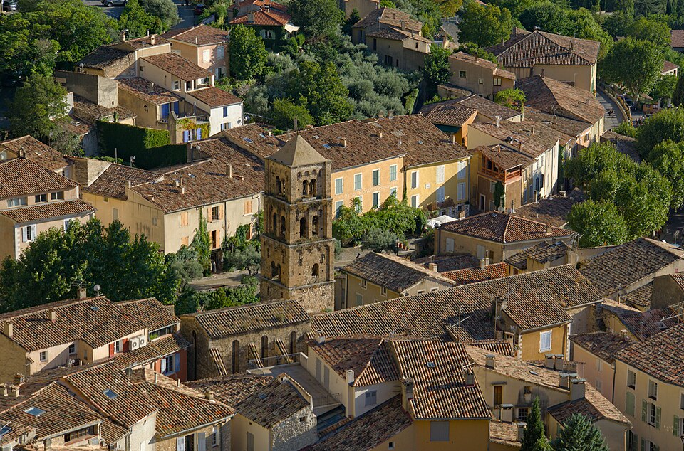 The Romanesque bell tower of the church at Moustiers