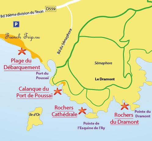 Map of the calanques along the Esterel coast east of Saint-Raphaël