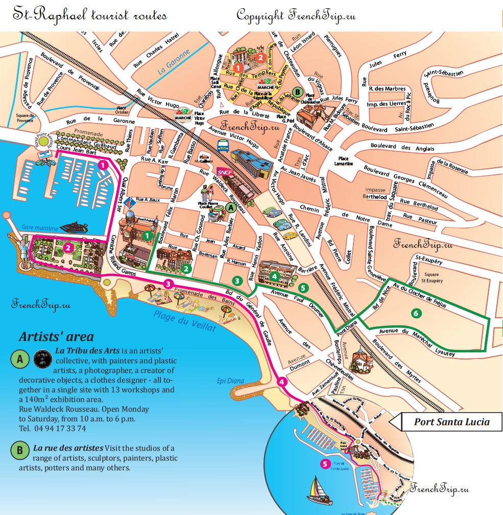 Map of the marked walking routes through Saint-Raphaël