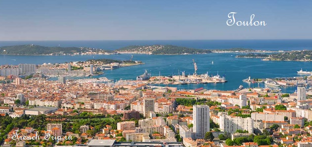 Toulon and its harbour seen from Mont Faron, with the naval base and the Mediterranean beyond