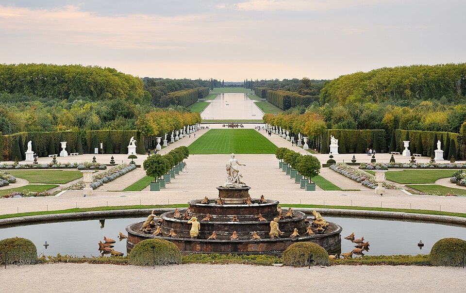 The garden front of the Palace of Versailles and the main axis of the park