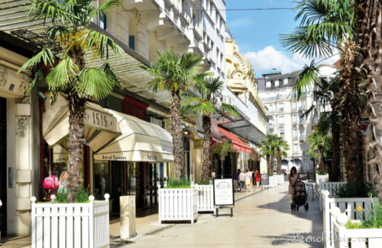 A shopping street with palms and awnings in Vichy