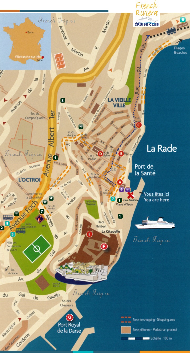 Map of the marked walking route through the old town of Villefranche-sur-Mer