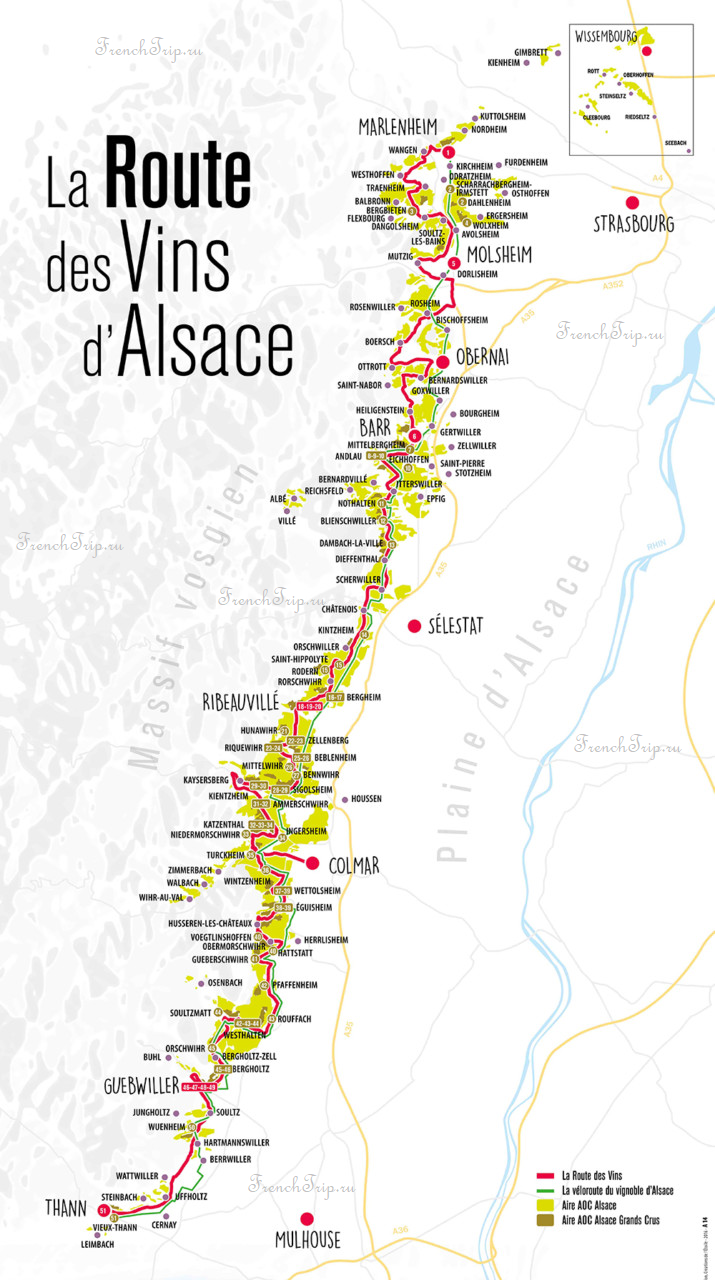 Map of the Alsace wine route from Marlenheim to Thann