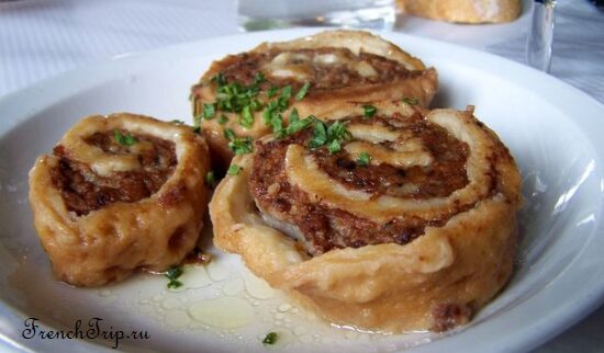 Fleischschnecke, a meat and pasta roll sliced like a snail shell