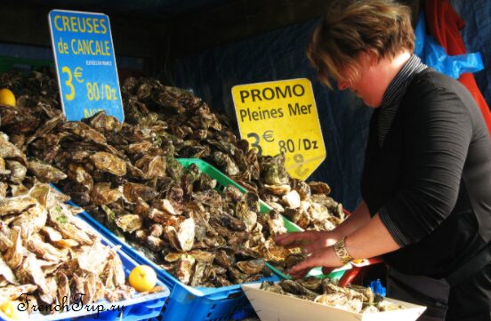 Oyster market stall at Cancale selling oysters by the dozen